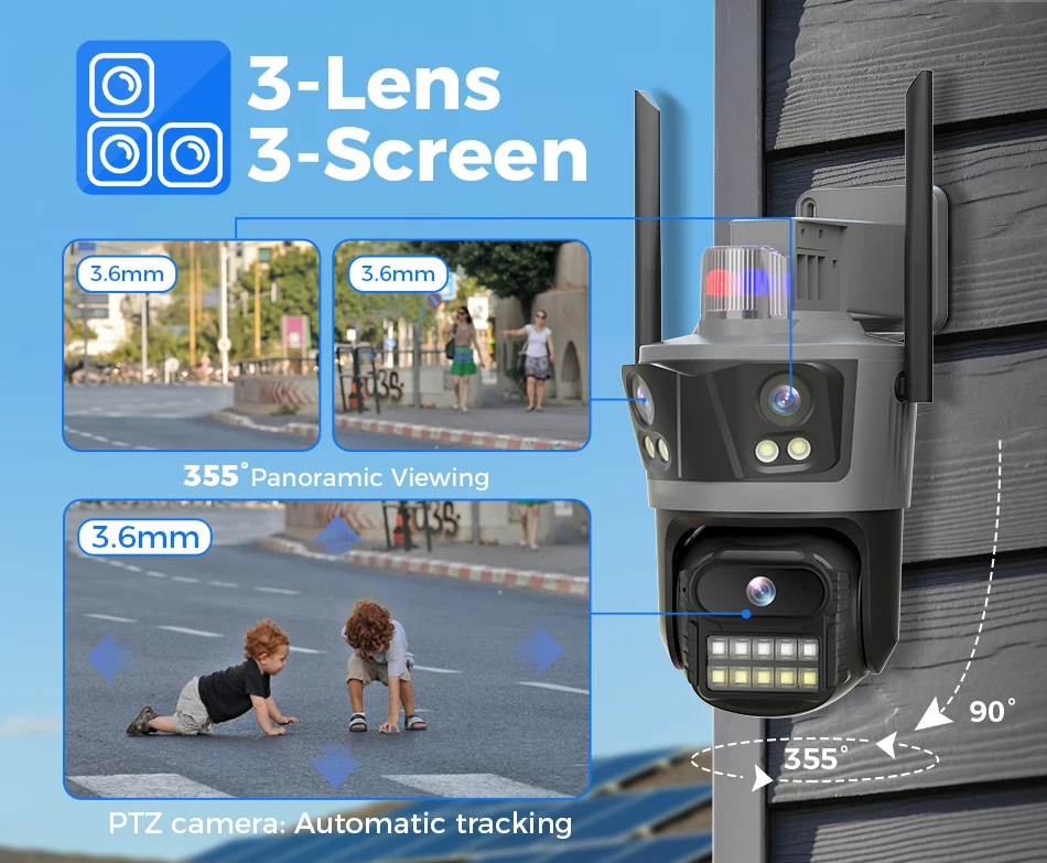 Hiseeu Three Lens PTZ IP Camera Outdoor 8MP HD Three Screen WiFi Security Auto Tracking Dual Len Wireless CCTV Camera ICsee