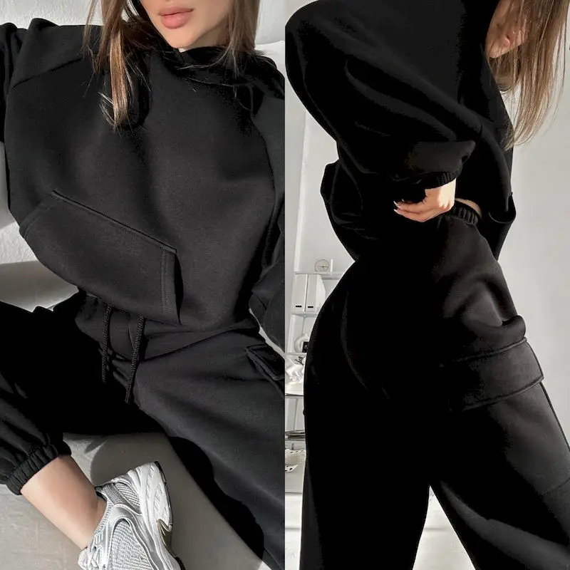 Casual Solid Hooded Sweatshirts and Sweatpants Two Piece Sets Women\'s Tracksuit 2023 Autumn Streetwear Cargo Pant Sets for Women