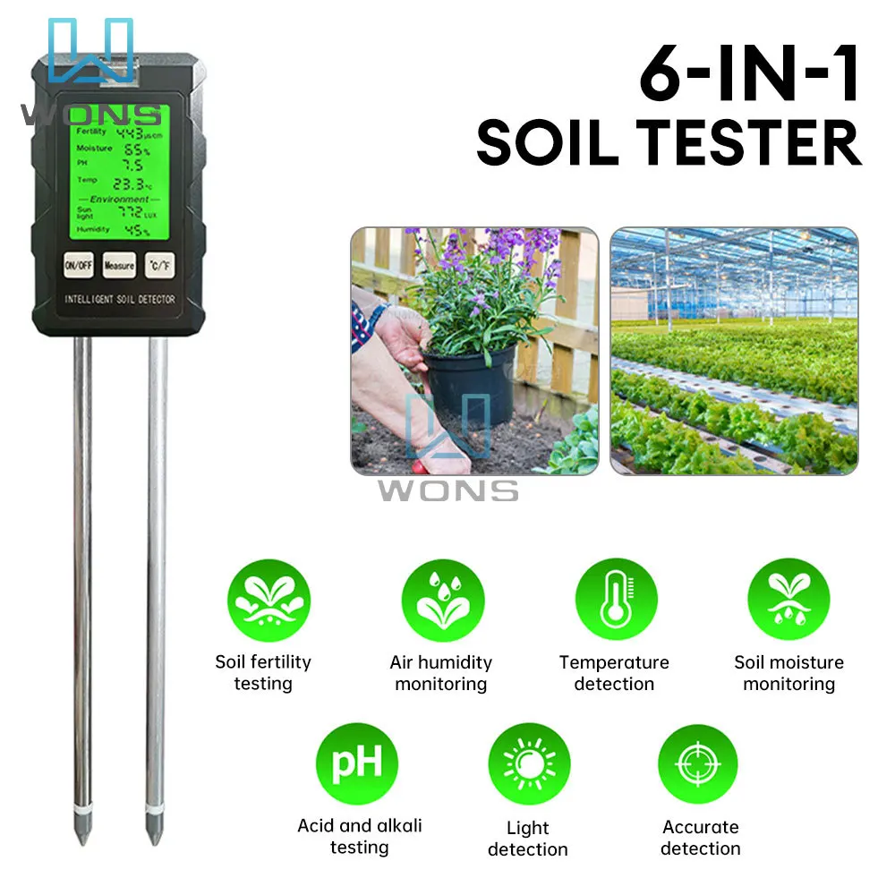 6 w 1 Tester miernik PH gleby Tester gleby miernik wilgotności PH temperatura analiza natężenia światła słonecznego pomiar kwasowości gleby Test