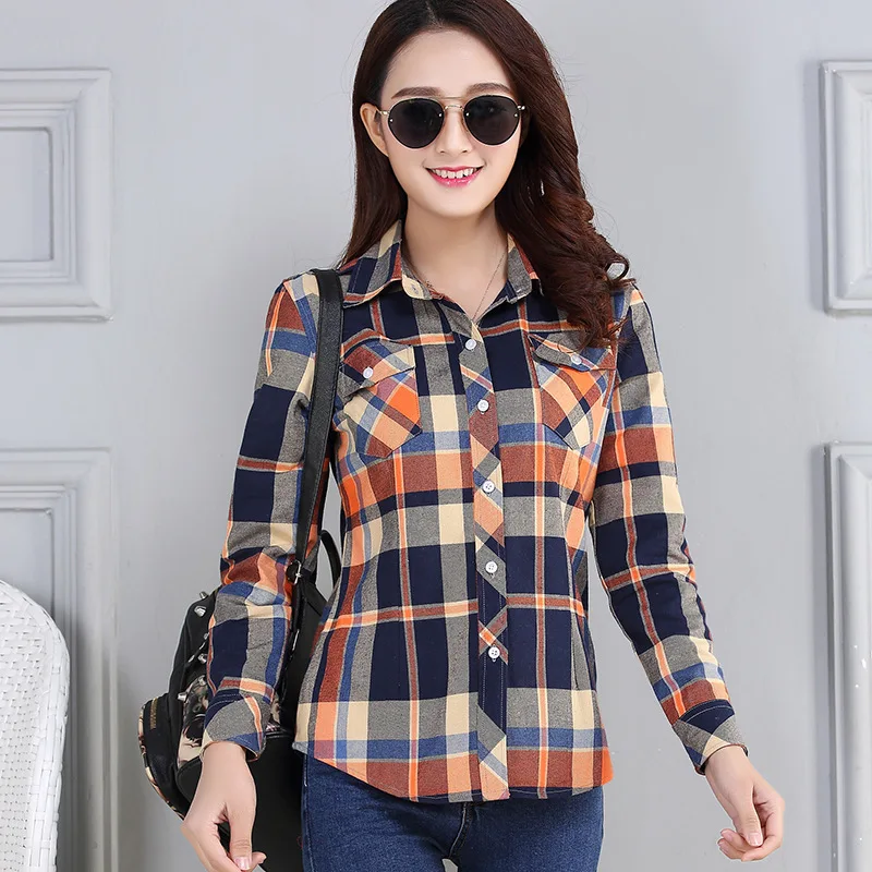 Women\'s Plaid Shirts 2023 Autumn New Ladies Casual Long Sleeve Pocket Cotton Shirt Fine Elegant Lady Checked Tops Clothes