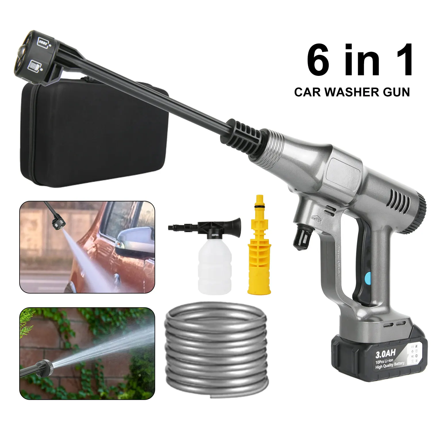 6 In 1 200Bar Brushless High Pressure Car Washer Water Gun Cleaning Garden Electric Washing Wash Spray Gun 15000mAh Battery