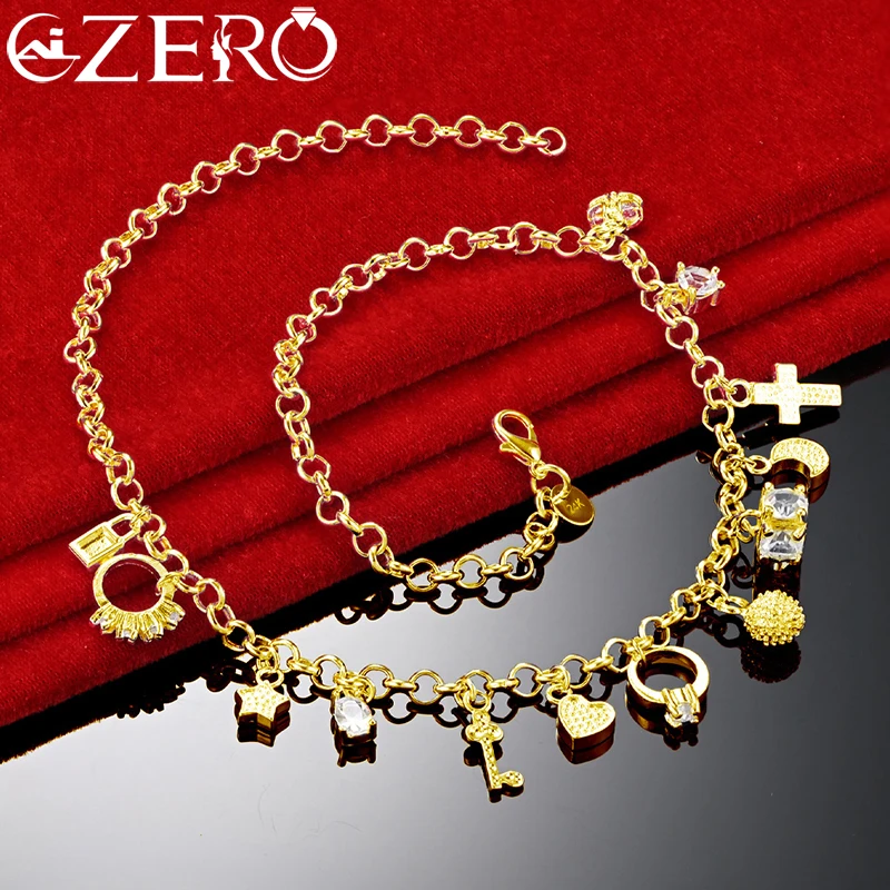 

ALIZERO 18K Gold Necklace 925 Sterling Silver Cross Lock Key Heart Star Charm Chain For Women Fashion Wedding Party Fine Jewelry