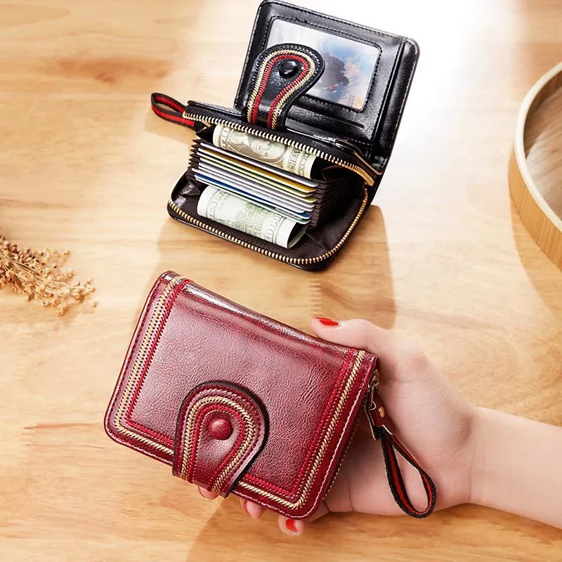 

Cross border Retro Oil Wax Skin European and American Multi slot Organ Card Bag Zipper Short Women's Wallet