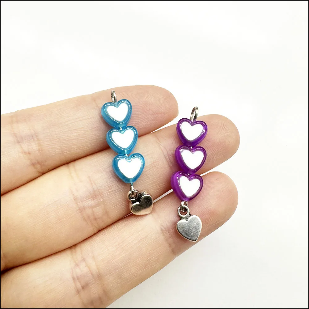 16Pcs Silver Plated Tiny Heart Drop Mixed Acrylic Heart Charms Pendants 8x37mm