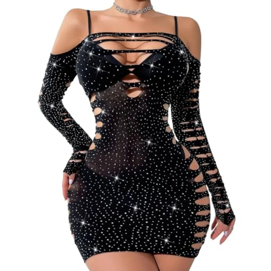

Lingerie for Women Sexy Long Sleeves Stripper Outfit Chemise Babydoll Rhinestone Fishnet Teddy Mini Dresses