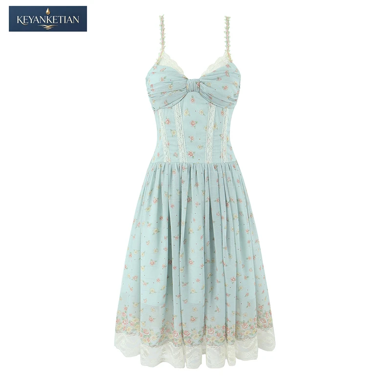 

KEYANKETIAN 2026 Cottagecore Romantic Ditsy Floral Midi Dress Slim Fit Lace Trim Straps, Bust Bow & Ruffled Lace Hem Dress