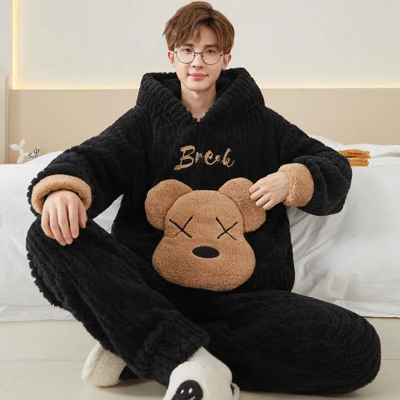 Мужские пижамы с рисунком Покемон Пикачу Снорлакс Генгар, зимние толстые теплые домашние костюмы с капюшоном, комплект праздничного подарка другу