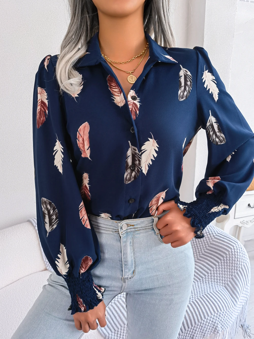 Women Casual Feather Print Collar Long Sleeve Shirt White Pink Blue