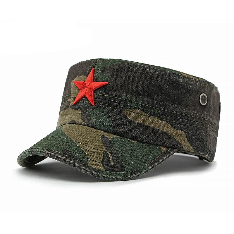Chapeau de baseball à dessus plat en coton camouflage militaire, broderie étoile rouge 3D, protection solaire, casquette unisexe réglable pour randonnée en plein air et voyage