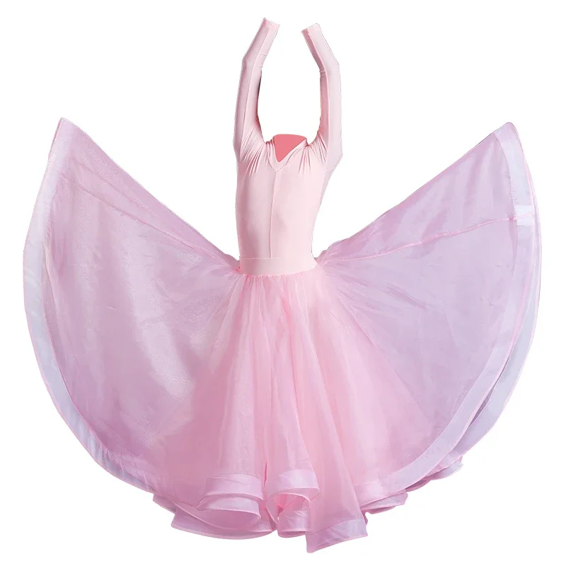 Robe de danse de salon latine pour enfants, jupe fendue à col en V rose, grande jupe, jupe en gaze de danse moderne, vêtements de salon pour filles