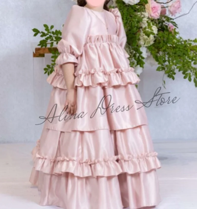 

Customized Pink Flower Girl Dress For Wedding Puffy 3/4 Sleeves High Waist Layered Kids Birthday Party First Communion Gown
