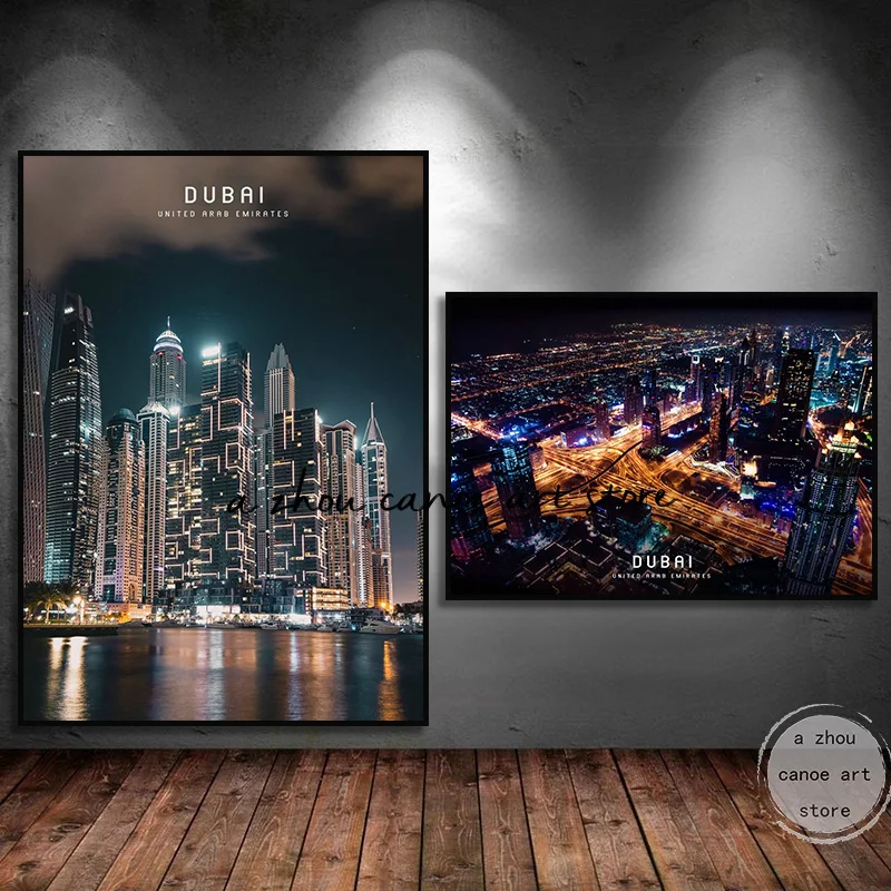 Cityscape Dubai Building Burj Khalifa Tower City Night Views Art Posters Canvas Painting Wall Prints Picture for Room Home Decor