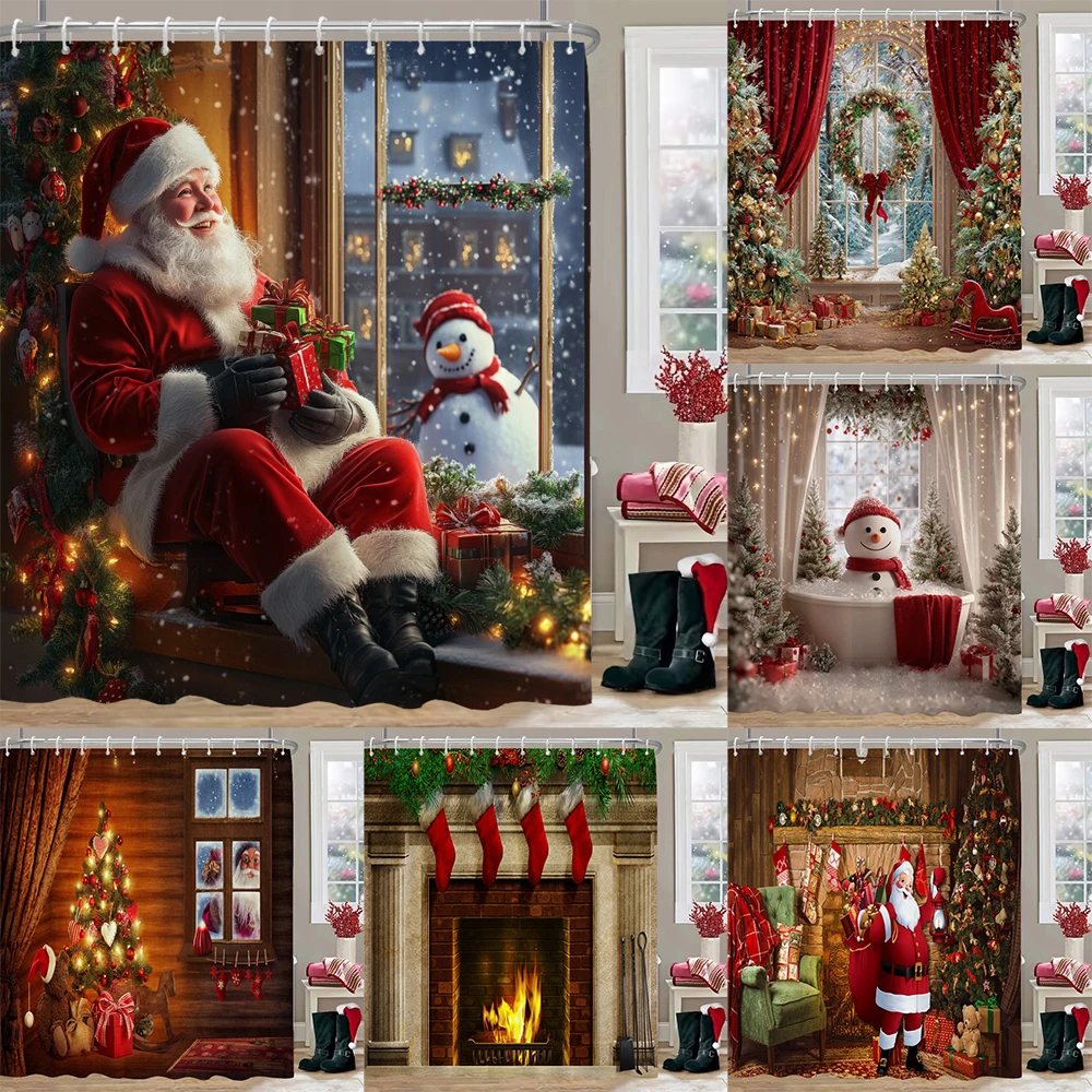 

Christmas Tree Printed Bathroom Shower Curtain Santa Claus Waterproof Fabric Bath Curtains Festival Home Decoration Curtain