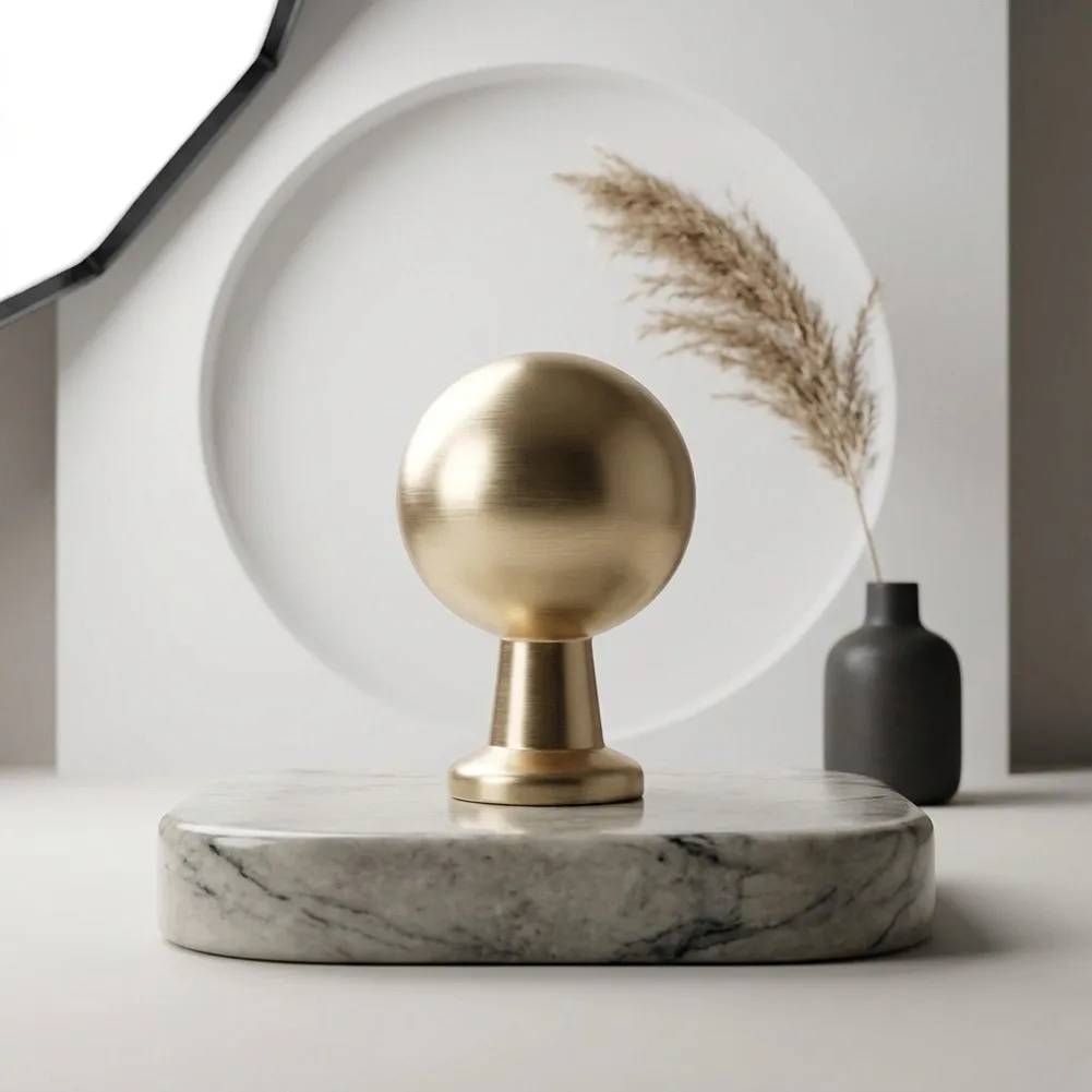 Brushed Brass Round Cabinet Knobs Set of 6 for Home Renovation Zinc Alloy Construction Compatible with Pre-Drilled Cabinet Holes