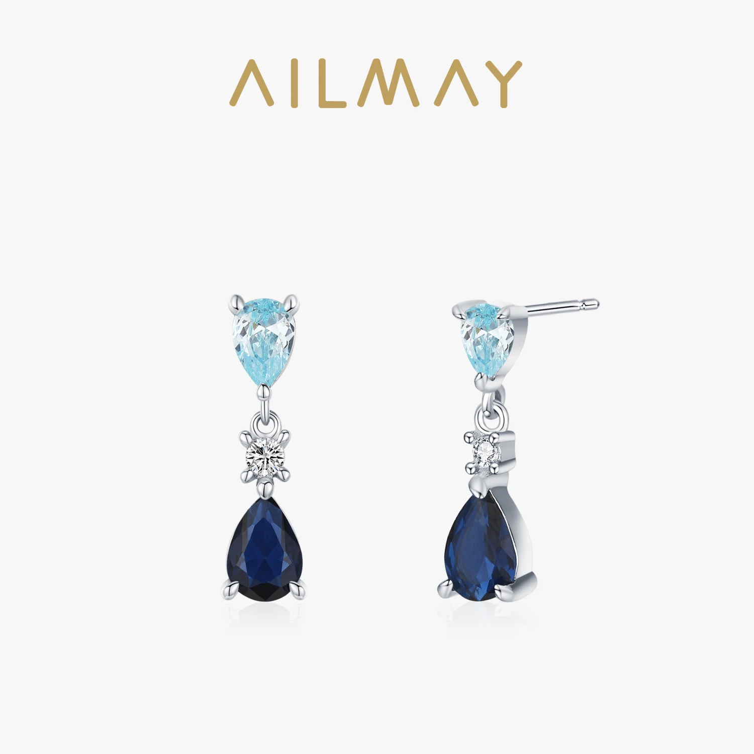 Ailmay Retro 925 Sterling Silver Blue Series Teardrop Shaped Zircon Earrings For Women Wedding Engagement Jewelry Gift