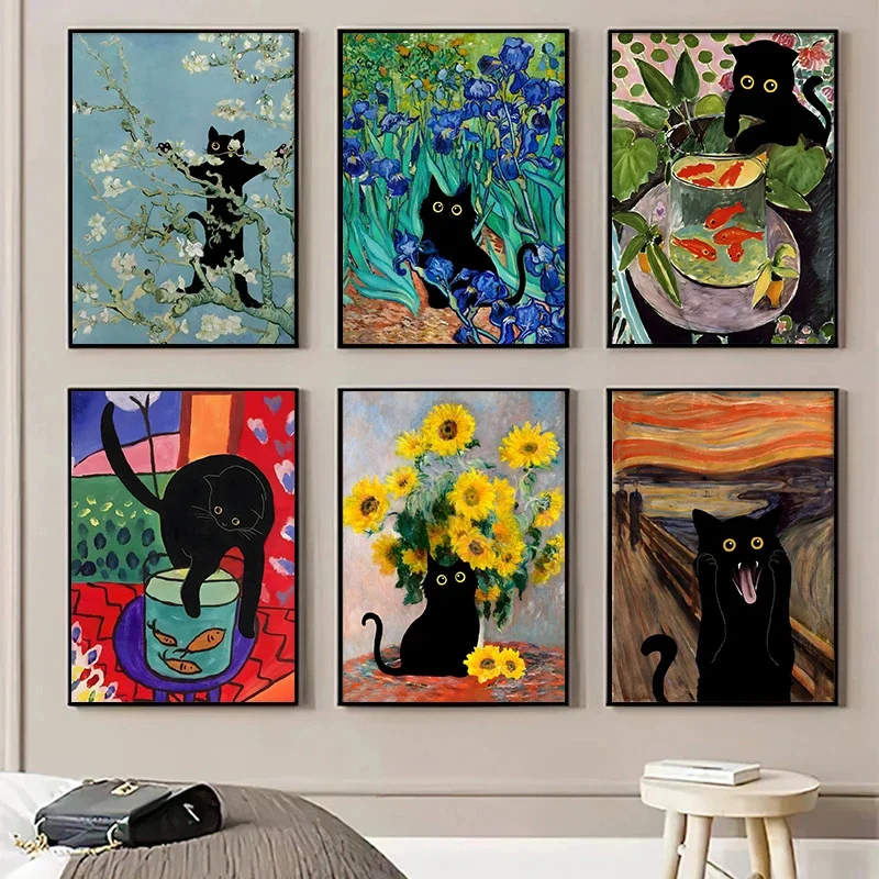 1pc frameless Canvas Scandinavian Classic Vintage Aesthetic Wall Art Colorful Naughty Cat Painting Poster Print Home Bedroom