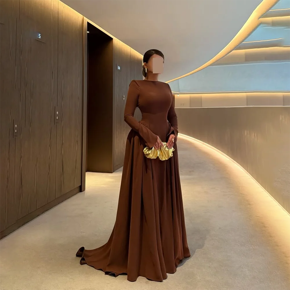 

Elegant Brown Evening Dress for Women O-Neck Long Sleeve A Line Prom Gown Pleated Jersey Floor Length Party Dress Customized