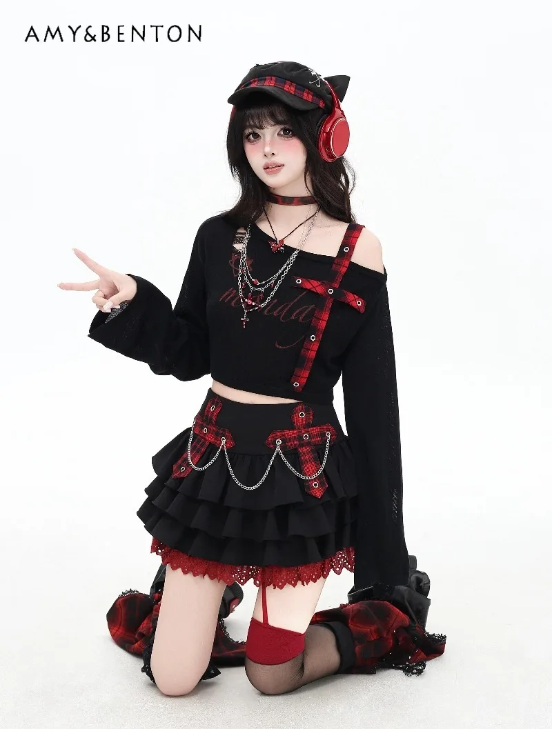 

Оригинальная летняя юбка-кейк в стиле субкультуры Sweet Cool Girl с цепочкой, цветовыми блоками, пышная, готическая, в стиле Харадзюку, с высокой талией, облегающая