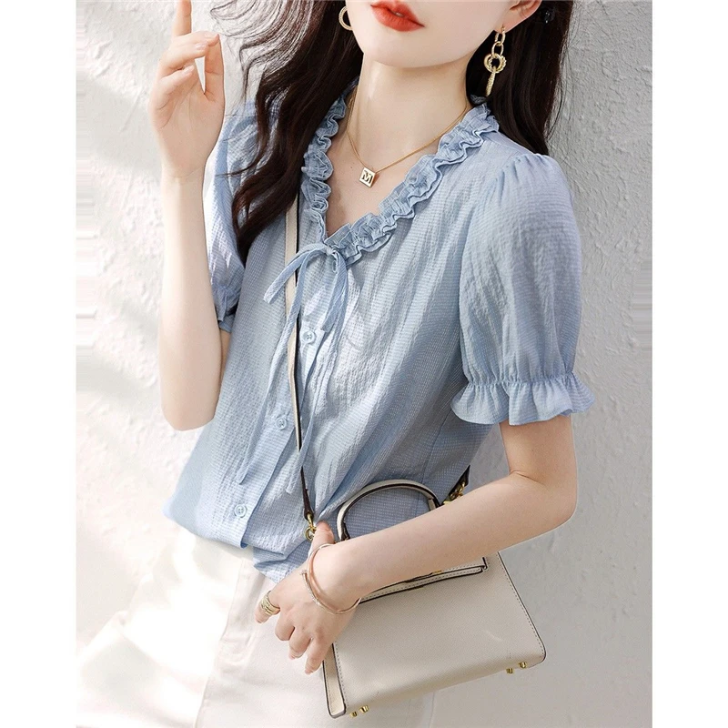 Womens Clothing 2023 Summer Trendy Ruffle Lace Up Button Up Shirt Korean V Neck Short Sleeve Chic Blouse Casual Sweet Tops Blusa