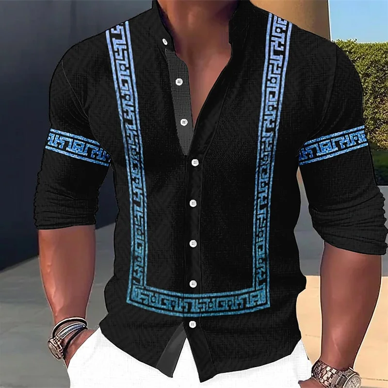 2024 Men's Shirt Geometric Print Stand Collar Outdoor Streetwear Long Sleeve Clothing Apparel Fashion Street Designer Casual