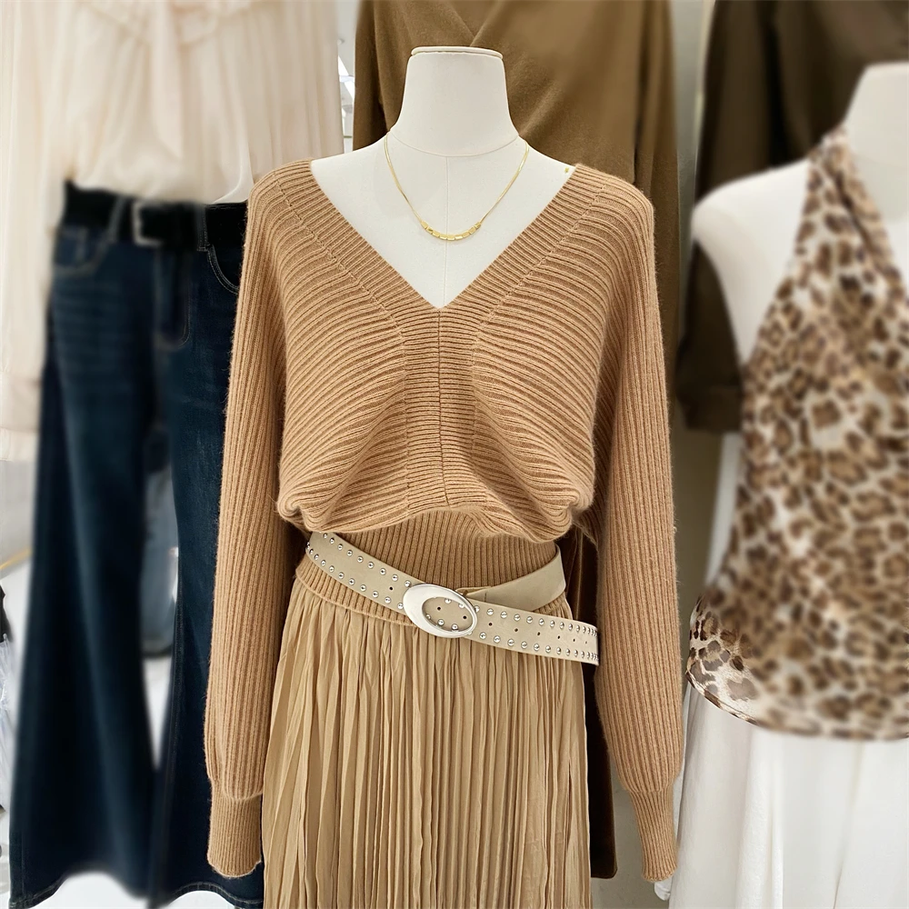 

Женский осенне-зимний свободный свитер с v-образным вырезом и длинными рукавами, женский однотонный пуловер в полоску, короткий джемпер, топ