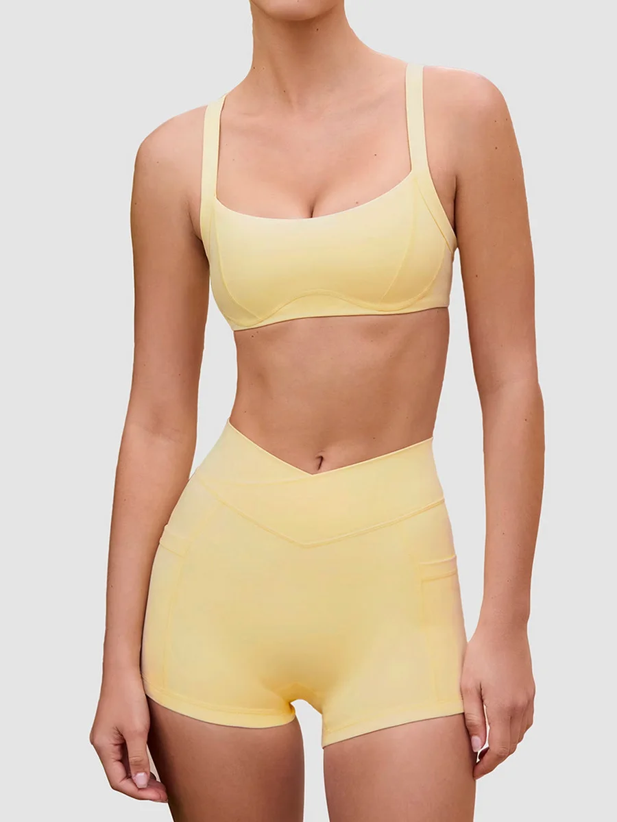 

SEEKSUC женский костюм для йоги, высокая эластичность, голые дышащие эластичные шорты с перекрестной талией, бюстгальтер с лямкой на шее, красивый комплект для упражнений на спине