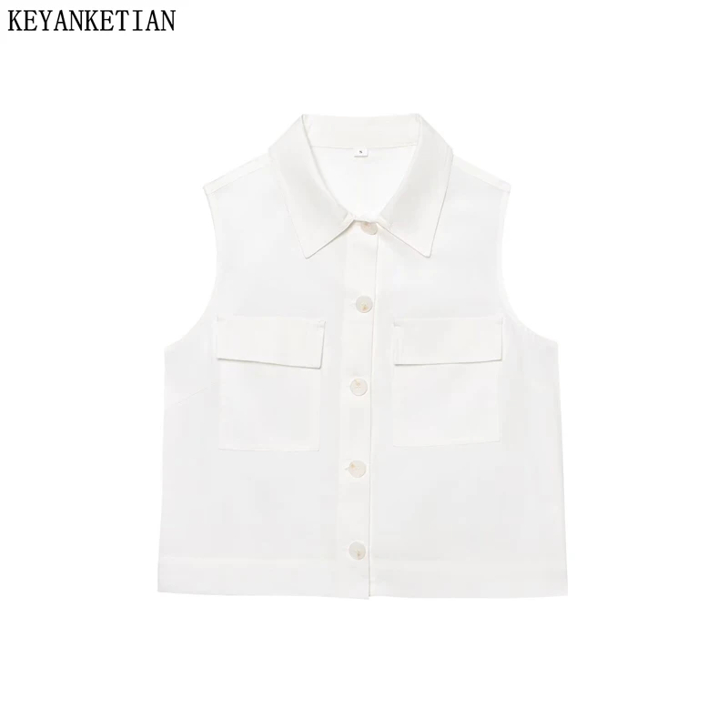 

KEYANKETIAN 2025 летняя новая женская рубашка без рукавов с отложным воротником, топ в стиле отдыха, однобортные блузки с двойными карманами