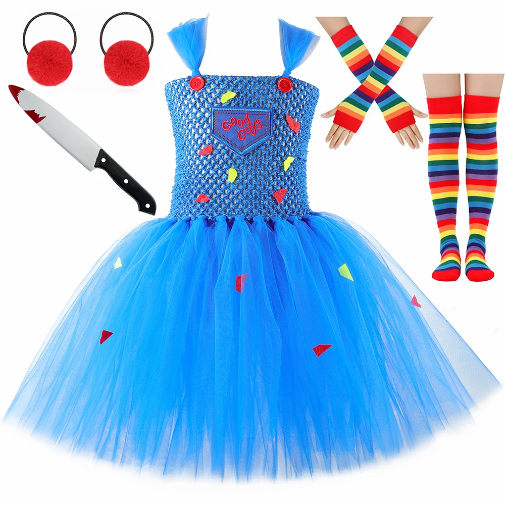 Halloween Chucky Costume for Kids Child Play Horror Killer Ghost Doll Tutu Dress Set Toddler Girls Carnival Party Fancy Dresses