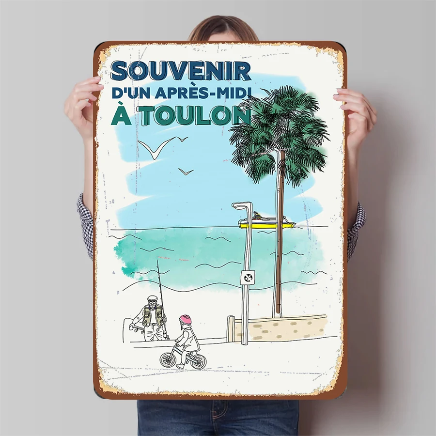 Lembrança de toulon tarde pintura de ferro costeira mediterrâneo palmeira gaivota barco de pesca decoração de arte de parede para sala de estar