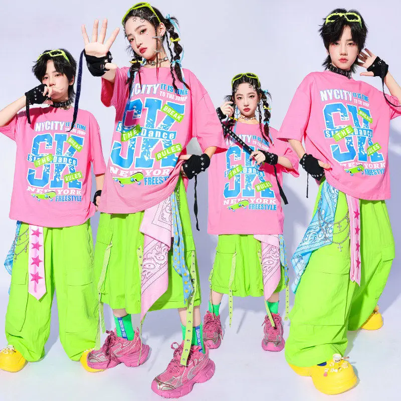 

Hip Hop Costume Street Dance Outfit Boys Girls Jazz Performance Stage Wear Pink Top Green Pants Kid Urban Dance Clothes AMY3876