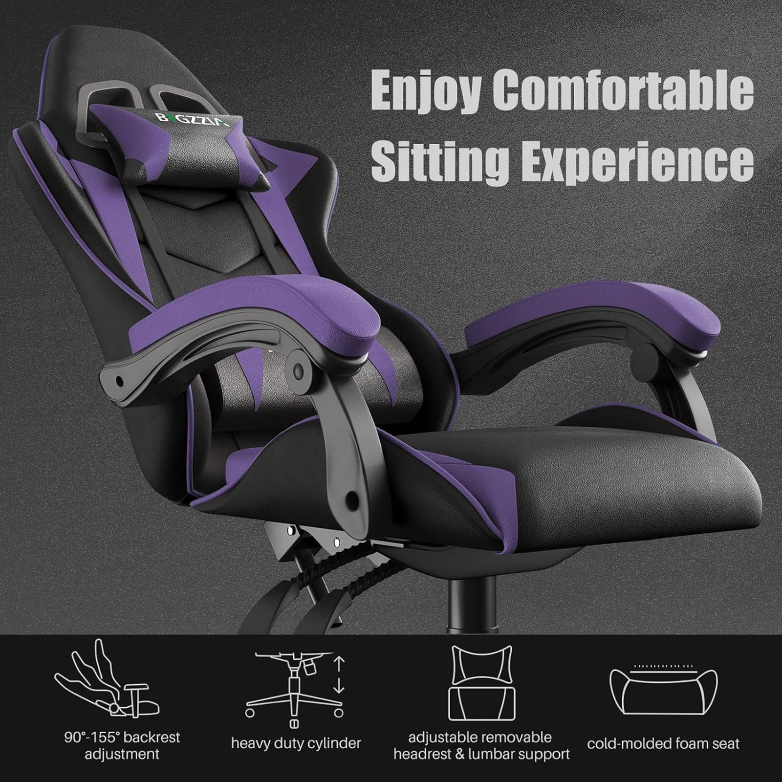 Bigzzia Gaming Chair Office Chair Ergonomic PU Leather Computer Desk Chair with Headrest Lumbar Support Game Chairs Racing Chair