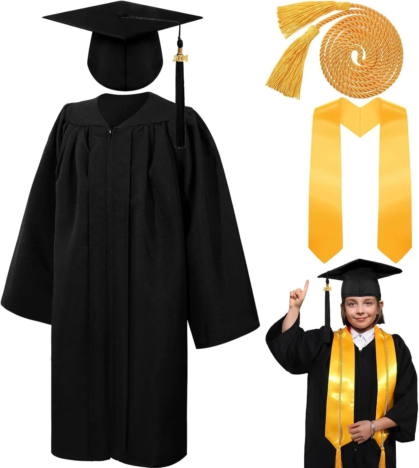 

Kids Graduation Gown 2024 Unisex Kindergarten Graduation Matte Gown Cap Tassel Stole Set Honor Cord 2025 Charm for Graduation