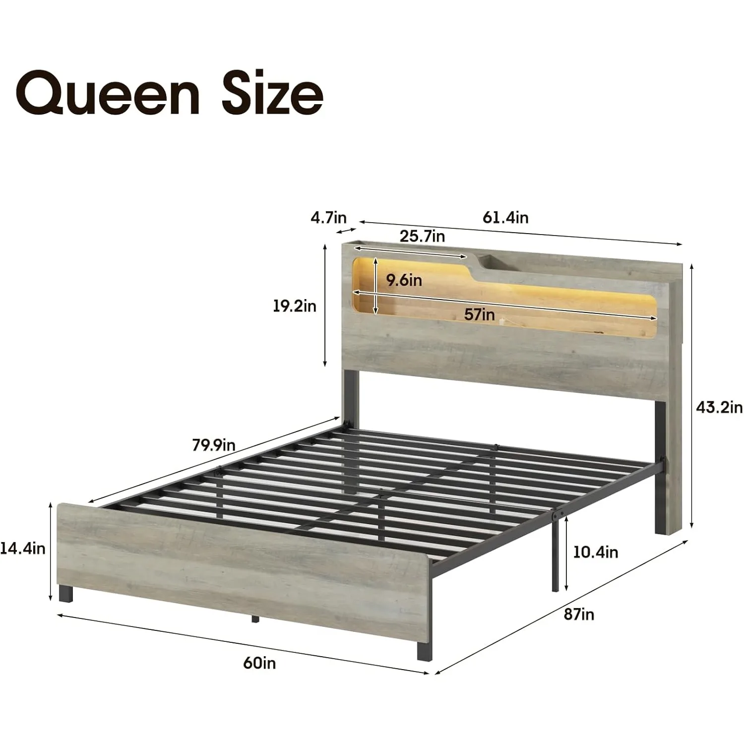 إطار سرير بحجم كوين مع لوح رأسي من طبقتين، إطار سرير بمنصة معدنية وأضواء LED RGB مع محطة شحن، لا حاجة إلى صندوق زنبركي