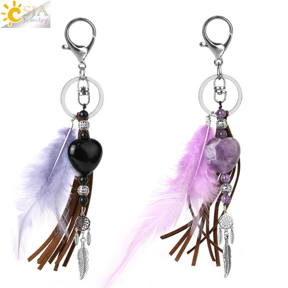 CSJA Herz Kristalle Keychain Ringe Feder Schlüssel Ketten Ring für Frauen Natürliche Stein Auto Schlüssel Halter Vatertag Schmuck G959