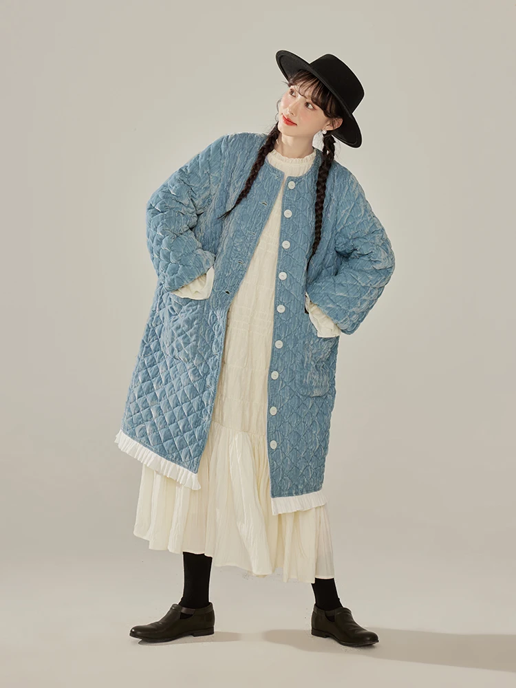 

Женское теплое пуховое пальто Mani Long Velvet Jaet, художественный дизайн, цвет синий «Ледяное озеро», для повседневной носки, с круглым вырезом, на пуговицах