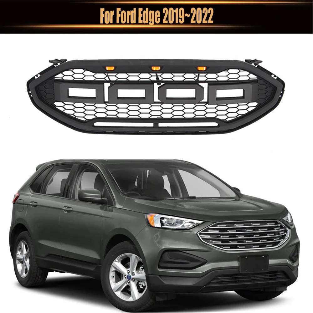 Honeycomb Amber LED Lights Grills Grid Mesh Style Bumper Mask Cover Front Middle Racing Grille For Ford Edge 2019~2022