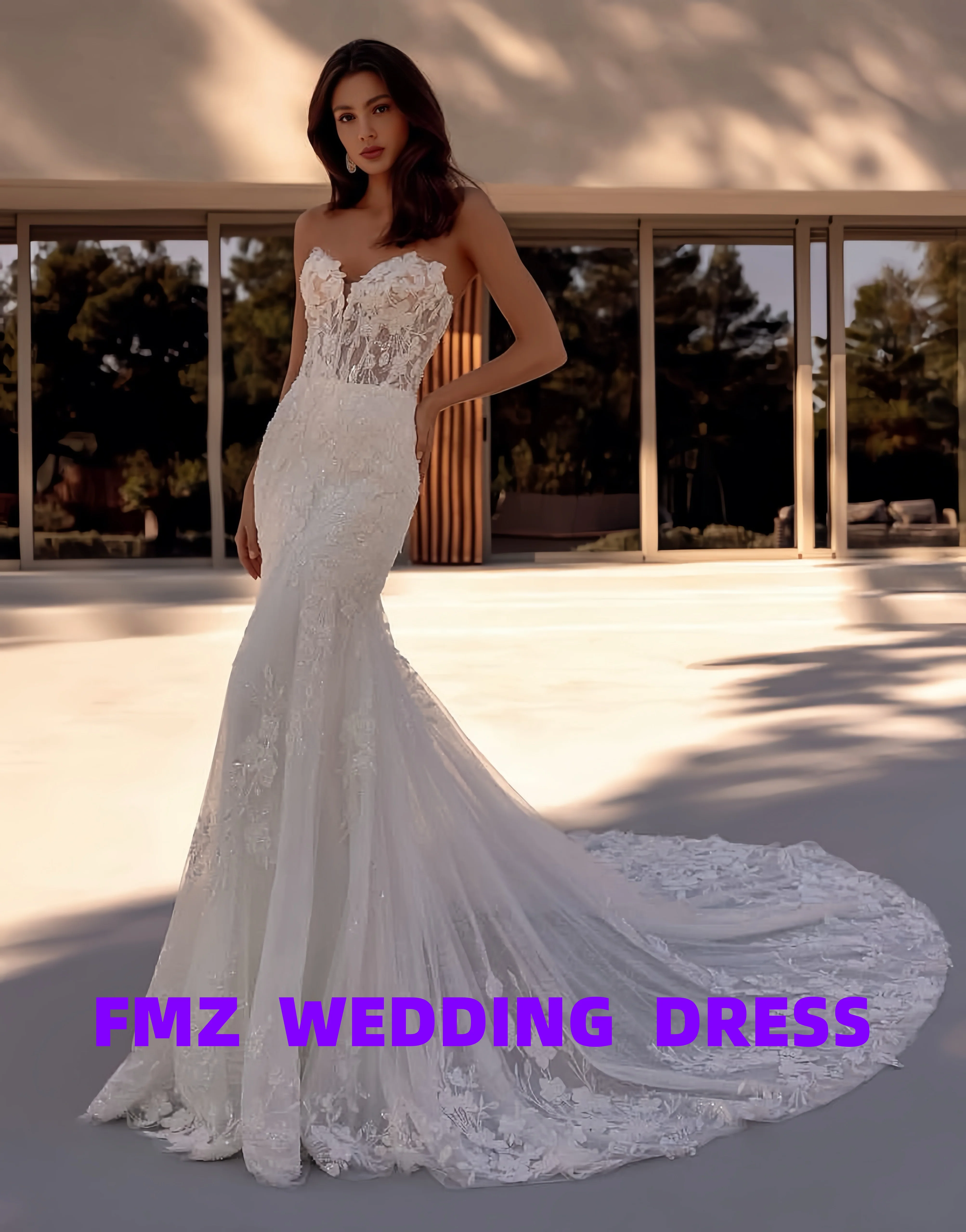 فستان زفاف مخصص برقبة على شكل حرف v بدون أكمام حورية البحر دانتيل أماندا نوفيا فيستدوس دي نوفيا أماندا