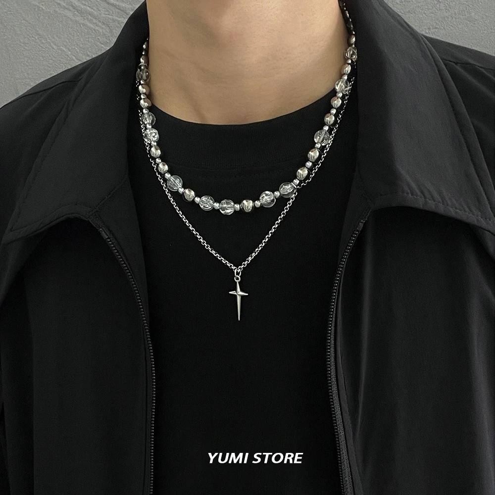 New Cross Bead Necklace For Man Woman Charm Titanium Steel Double-layer Clavicle Chain Unisex Style Jewelry Wholesale