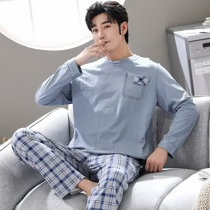 Arrival Pajamas Cotton Knited Pajama Spring Men Sleepwear Sleeve 3XL Male Set Suit For Homewear Long New