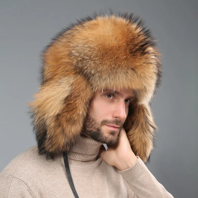 

Men's Winter Outdoor Warm Ear Protection Hat Raccoon Fur Grass Cotton Hat Fox Fur Russian Hat