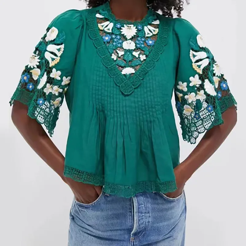 

2025 Autumn Can't People Vintage Shirt Lace Puff Sleeve Women's Casual Tops