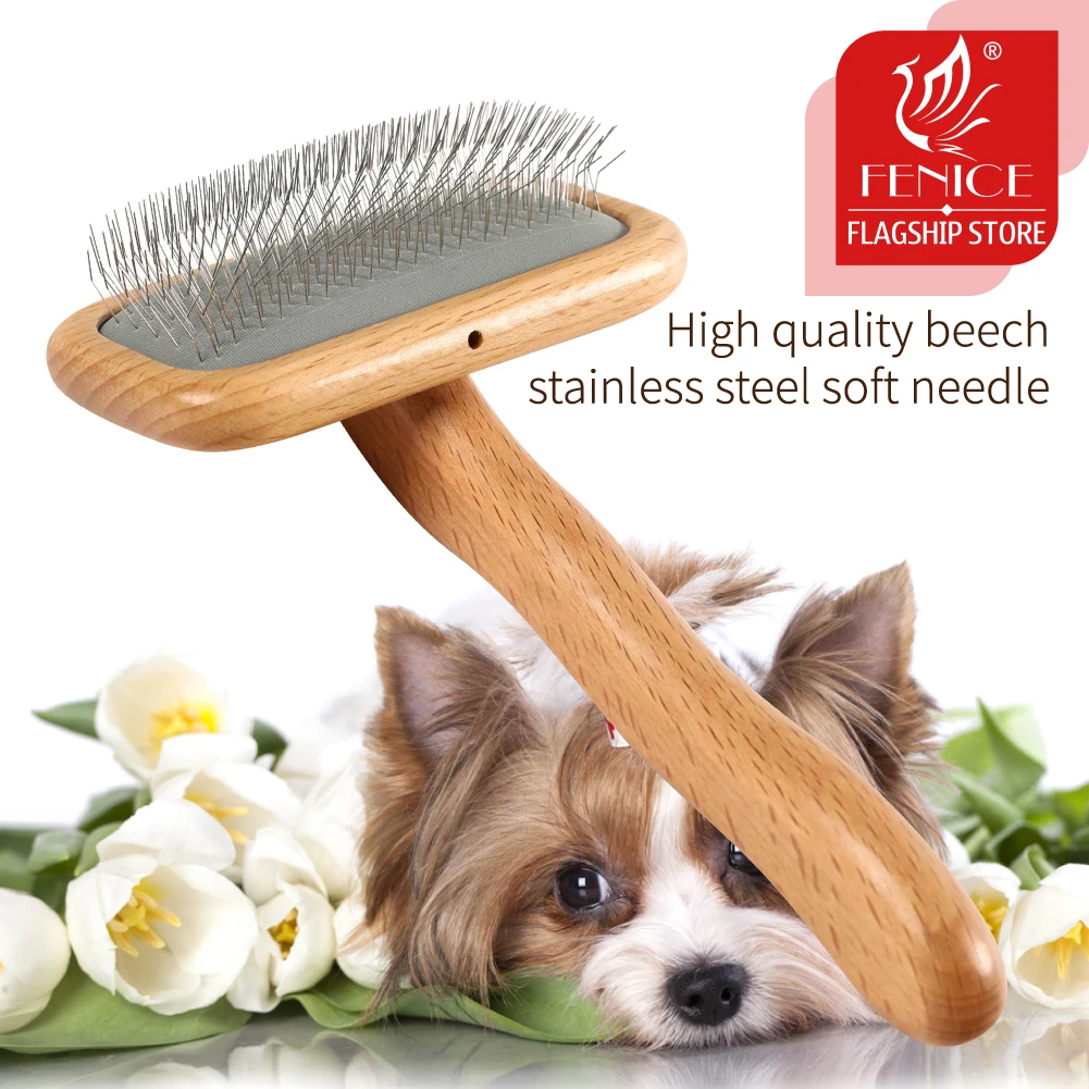 Fenice Wooden Dogs and Cats Slicker Brush for Removing Mats, Tangles and Loose Hair, Pet Grooming Comb for Long or Short Hair Do