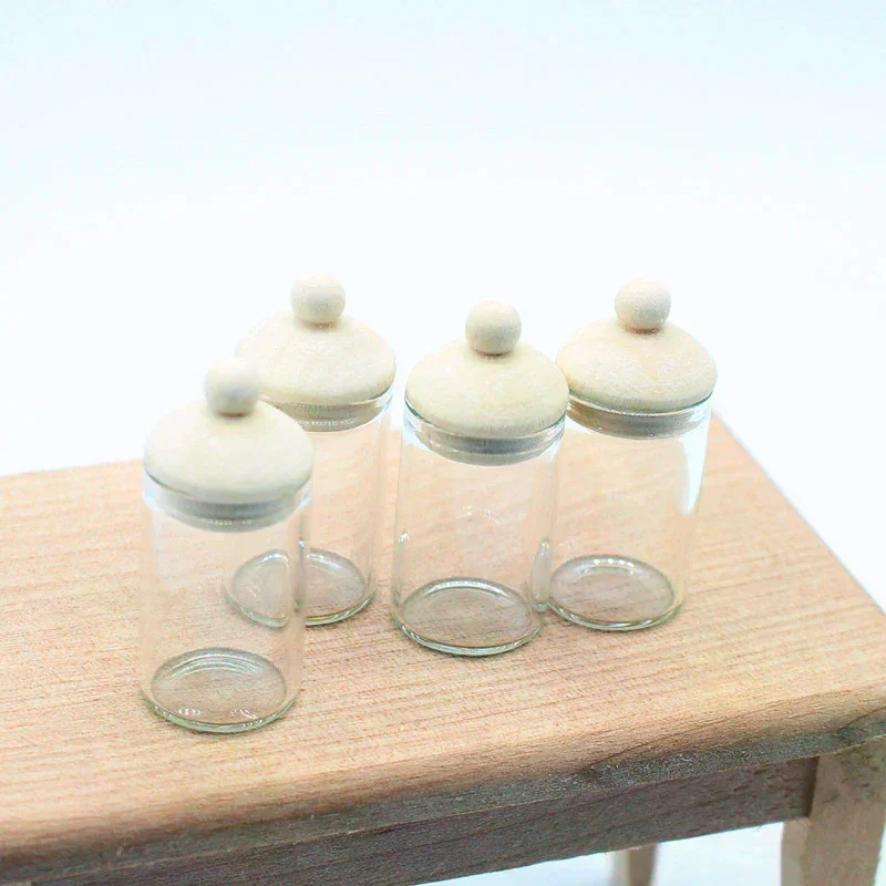 Dolls House Decoration Accessories 1/12 Dollhouse Clear Glass Jar Dollhouse Miniature Kitchen Storage Bottles 4Pcs