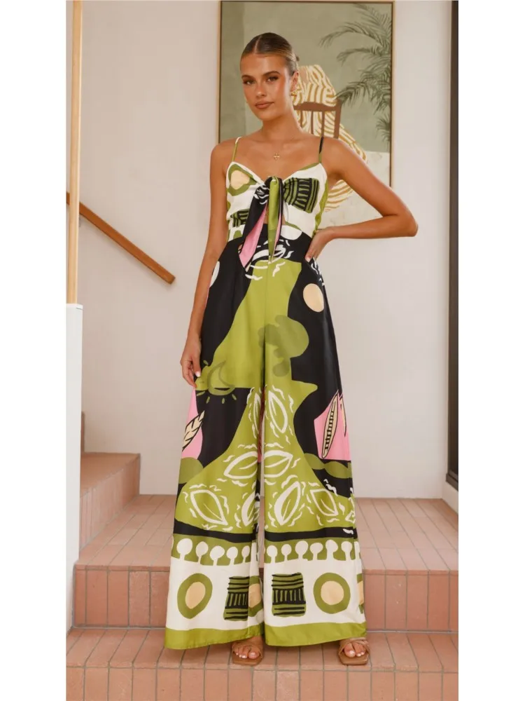 

Spring Summer Print Spaghetti Strap Jumpsuits Women Fashion Bohemian New Sexy Hollow Out Leace-up High Waist Wide Legs Jumpsuit