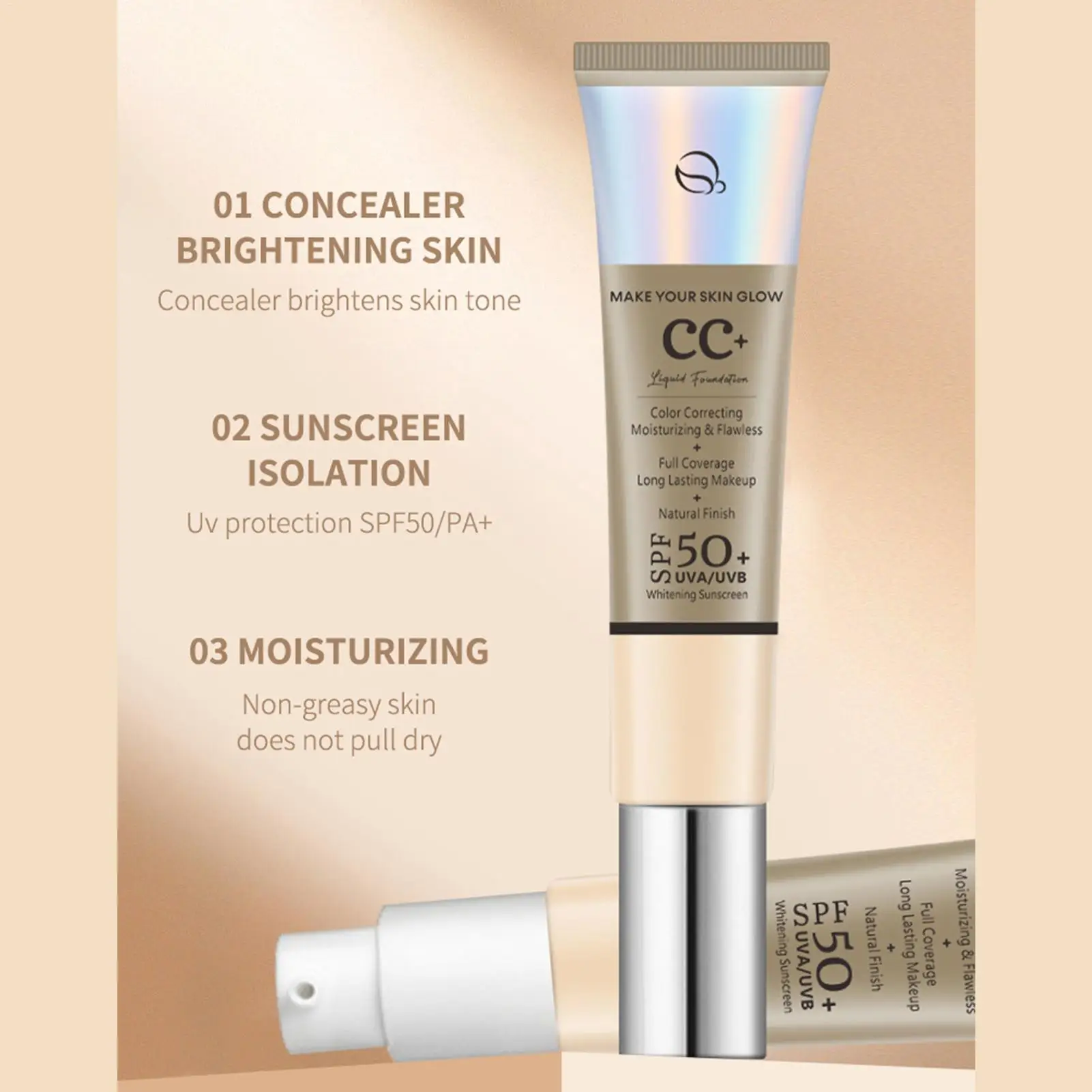 CC Cream Foundation FPS 50 Protetor Solar Base Corretivo Leve Hidratante Brightening Foundation Base Facial Maquiagem