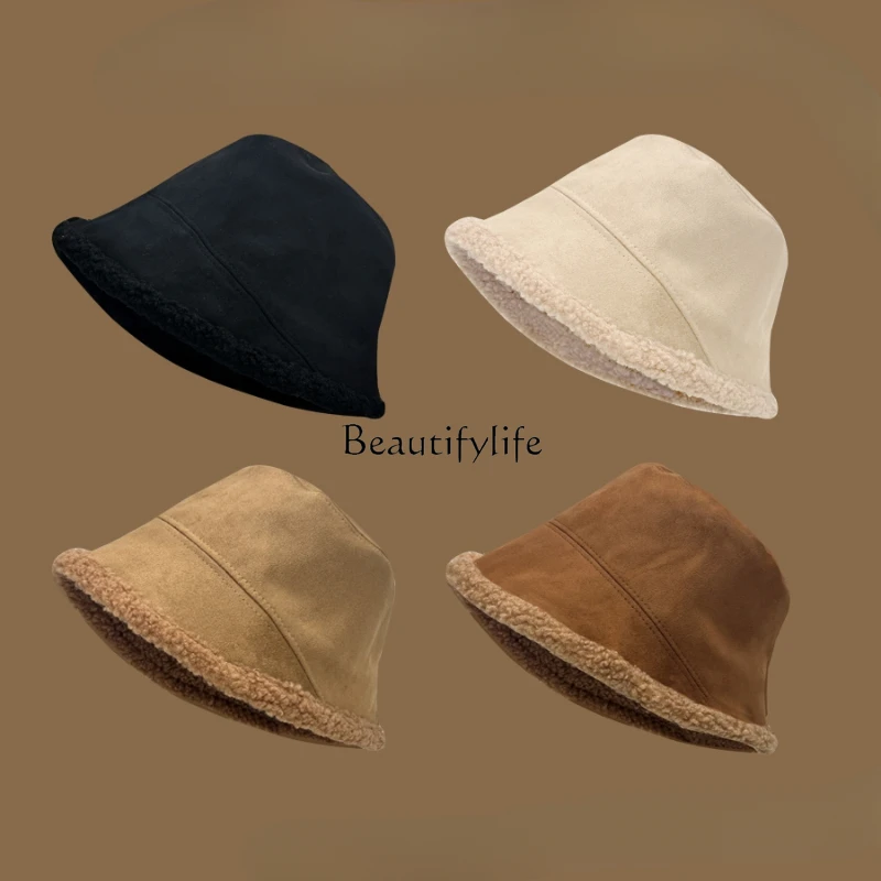 Plush Fisherman Hat Women's Autumn and Winter Big Head Circumference Lamb Fur Bucket Hat Plain Face Cover Tide