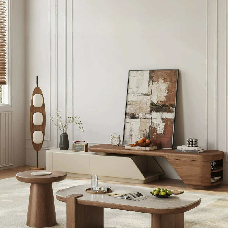Meuble TV long blanc avec rangement dissimulé en bois, tiroirs de présentation, design gain de place, meuble de rangement, mobilier de maison