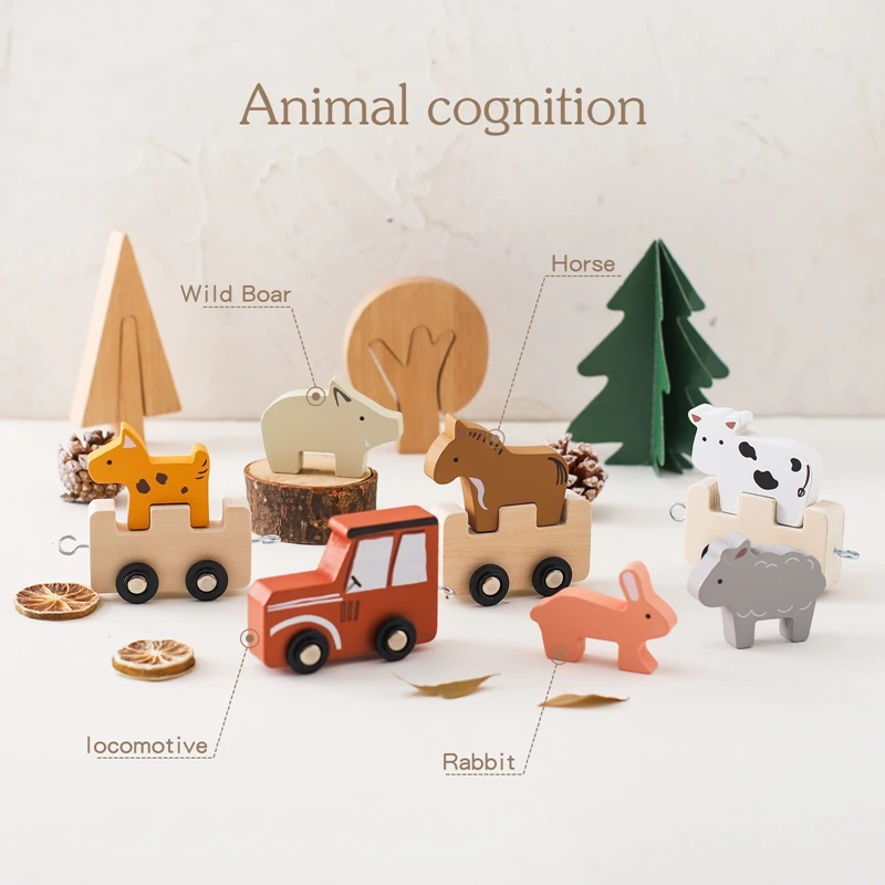 Wooden Train Farm Toy Montessori Toys Baby Educational Toys Farm Animals Put Bu ilding Blocks Baby Room Decoration  Baby\'s Gifts