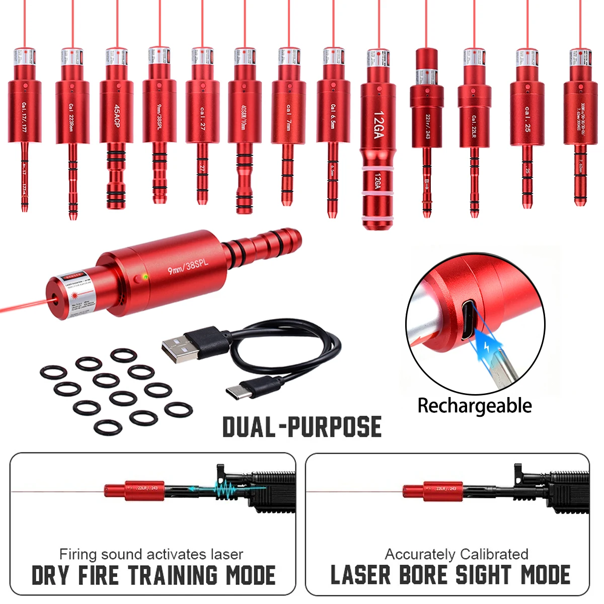 9mm Dry Fire Training 38SPL .223REM 22LR 12GA CAL177 7mm 6.5mm Training Calibration Bullet Bore Sight USB Shooting Calibrat