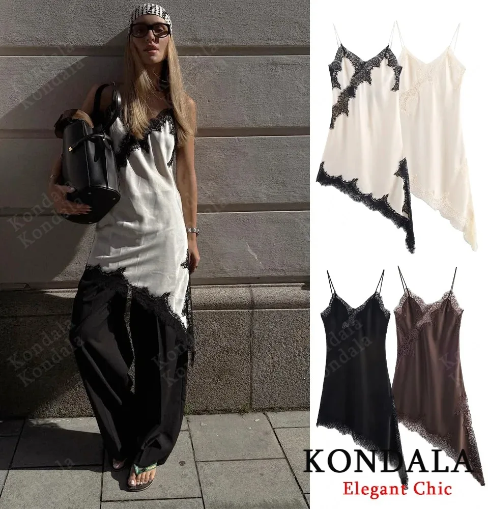 KONDALA Herbst-Dame, romantisches Spitzen-Hosenträgerkleid, asymmetrischer Saum, Satinkleid, 2025, Frühling und Herbst, elegantes Damen-Sexy-Partykleid